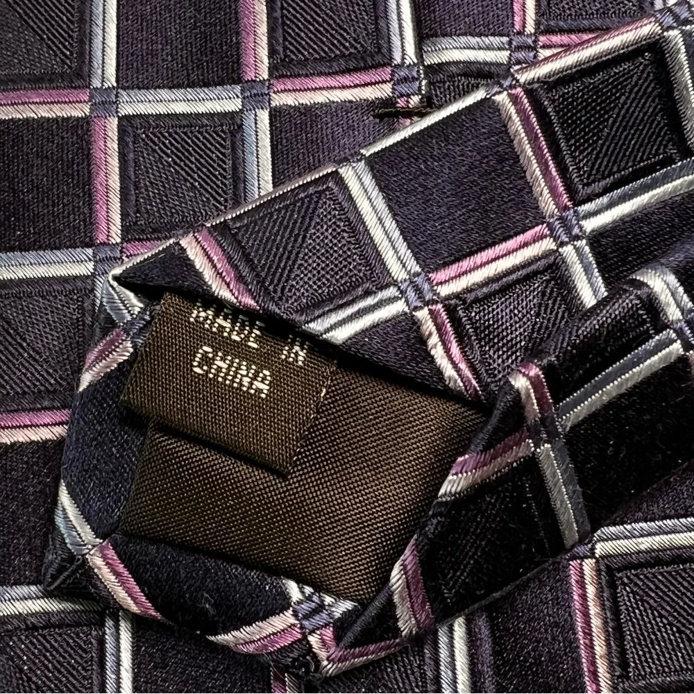 Michael Kors men's necktie black‎ with colorful squares of pink purple and blue